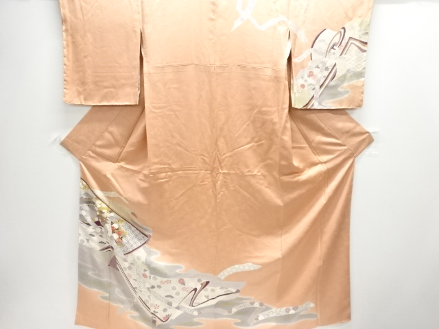 JAPANESE KIMONO / UNUSED HOMONGI / SILK / EMBROIDERY / HOUSES & FLORAL CLASSICAL PATTERN